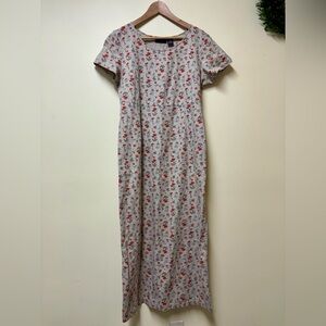Cottagecore Floral Poppies Linen Cotton Beige Maxi Dress with cap sleeves Medium